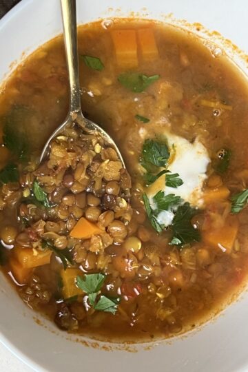 brown lentil soup on and a spoon