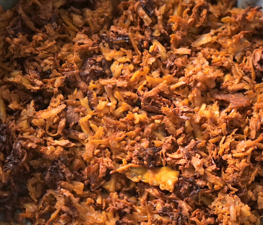 Golden-brown crispy vegan tofu bacon.