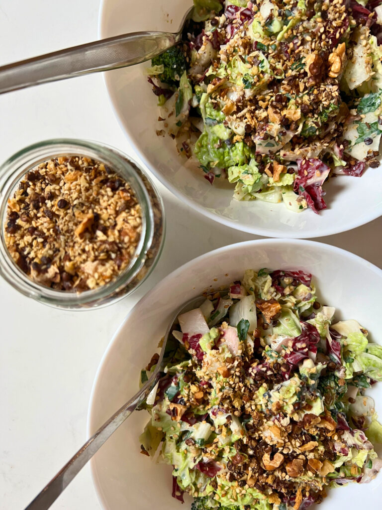 crunchy tipping jar above and salad