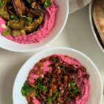 beet hummus bowls, with veggies and vegan minced meat