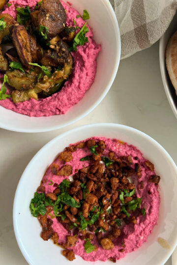beet hummus bowls, with veggies and vegan minced meat