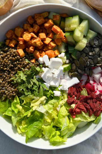 Black lentils and sweet potato salad big and colorful bowl
