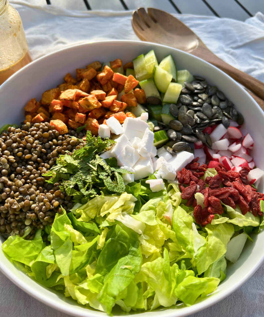 Black lentils and sweet potato salad big and colorful bowl