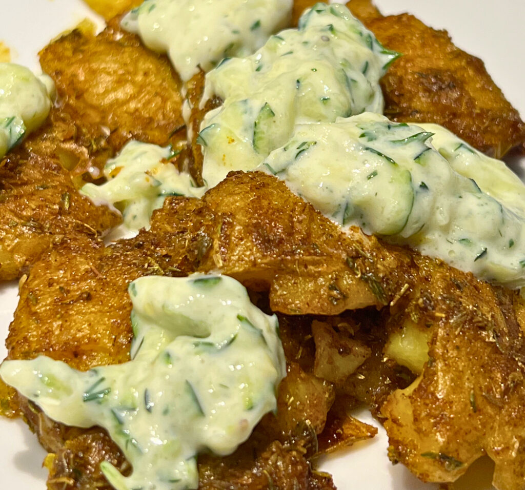 smashed potato with tzatziki creamy and juicy