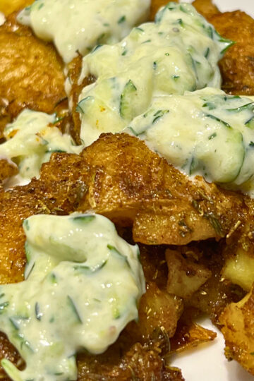 smashed potato with tzatziki creamy and juicy