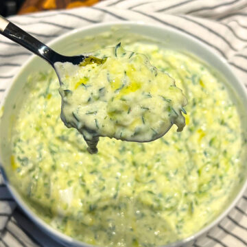 vegan tzatziki spoon and bowl