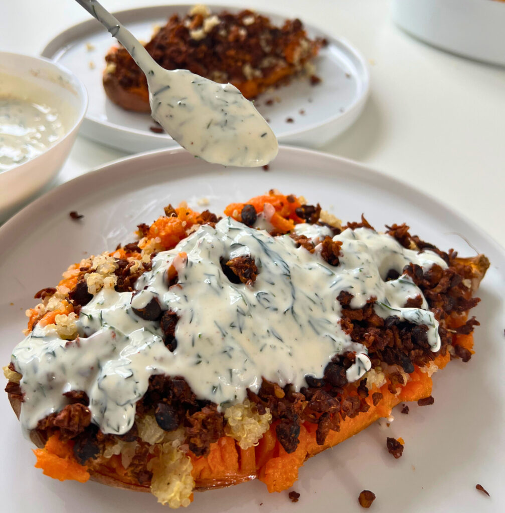 Add toppings like vegan yogurt, fresh herbs, or a tahini drizzle