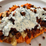 BBQ Shredded Tofu with Black Beans, quinoa and sweet potato and yoghurty sauce