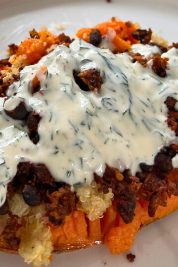 BBQ Shredded Tofu with Black Beans, quinoa and sweet potato and yoghurty sauce