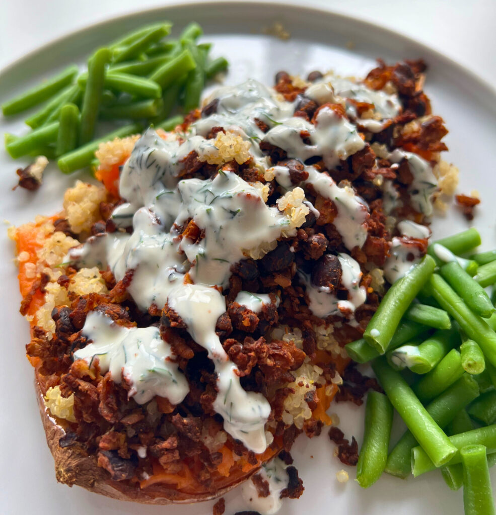 BBQ Shredded Tofu with Black Beans and sweet potato with green beans