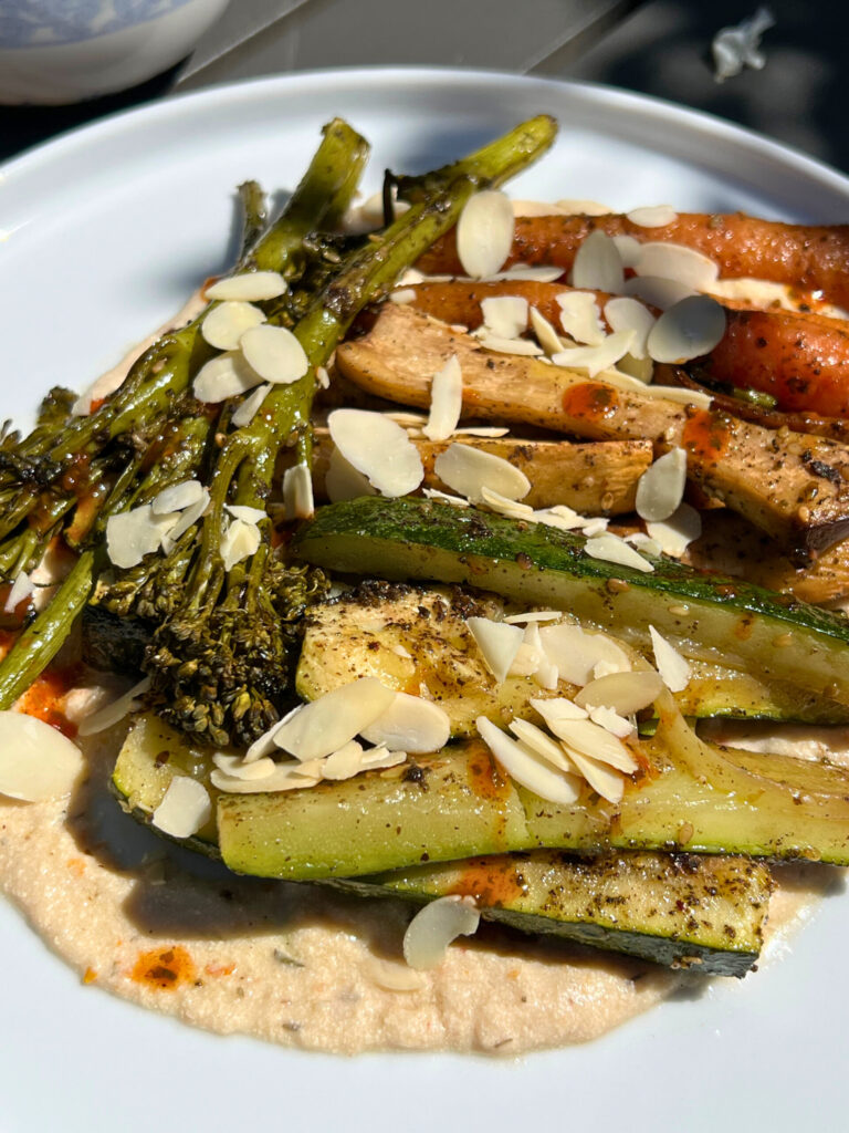 Roasted Veggies Over Tofu & Bean Purée