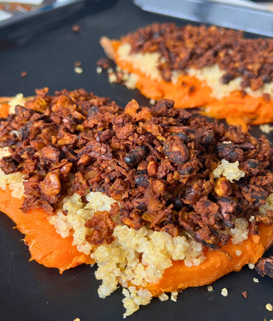 BBQ Shredded Tofu with Black Beans, quinoa and sweet potato