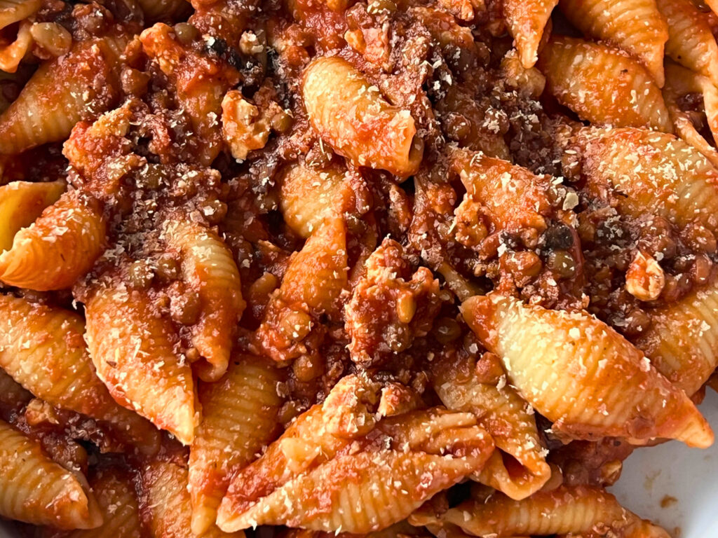 Quick Tofu and Lentils Bolognese bowl with shell pasta close up