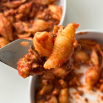 Quick Tofu and Lentils Bolognese fork with shells pasta