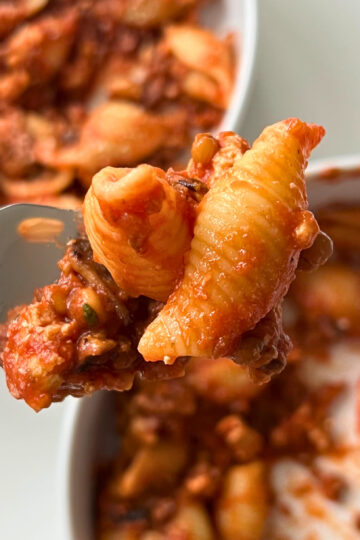 Quick Tofu and Lentils Bolognese fork with shells pasta