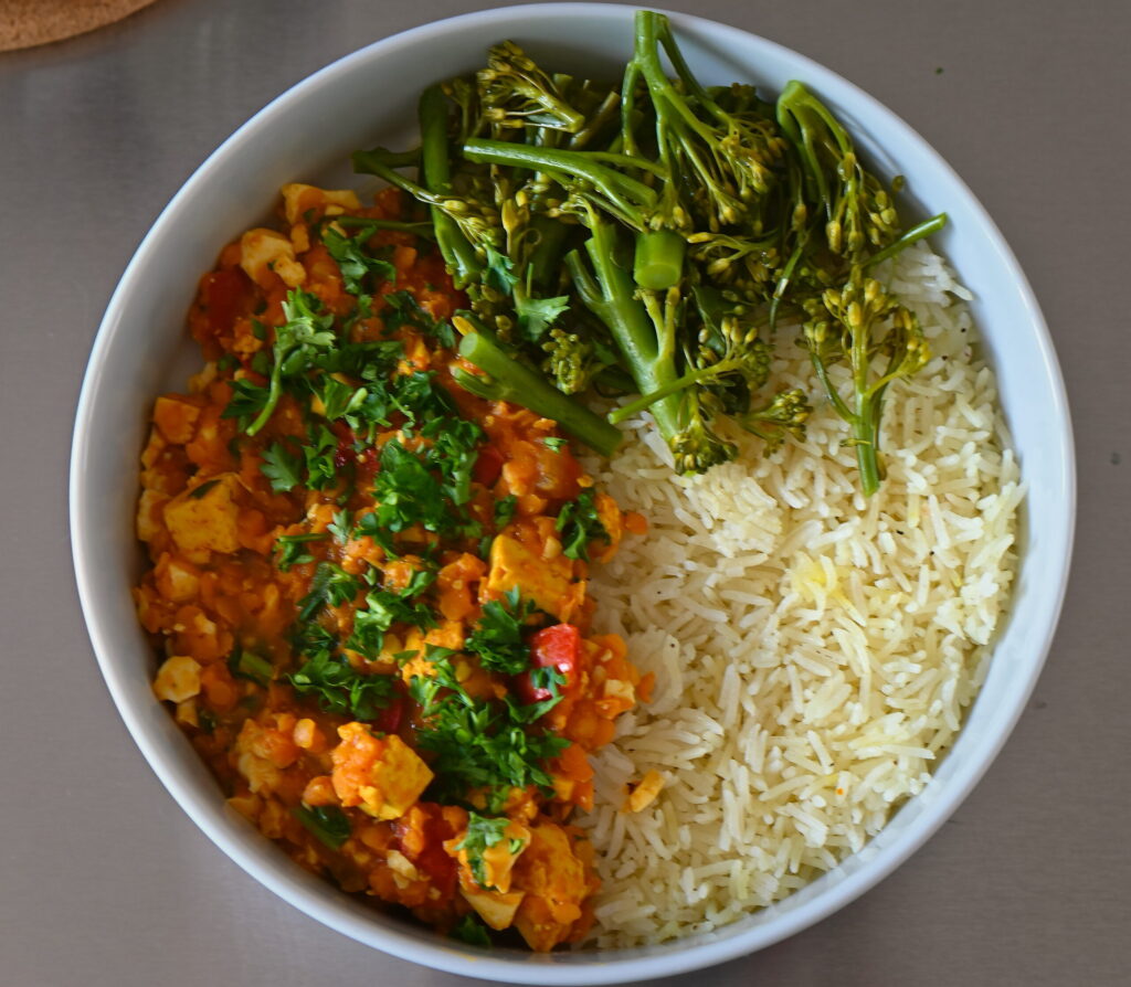Protein Dahl bowl with basmati rice and brocollini