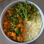Protein Dahl bowl with basmati rice and brocollini