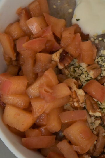 white bowl of oats with vegan soy yoghurt, pecans, caramelized cinnamon apples and fruits