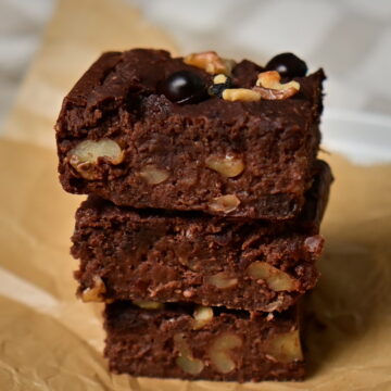 fudgy red bean brownies cubes tower on paper