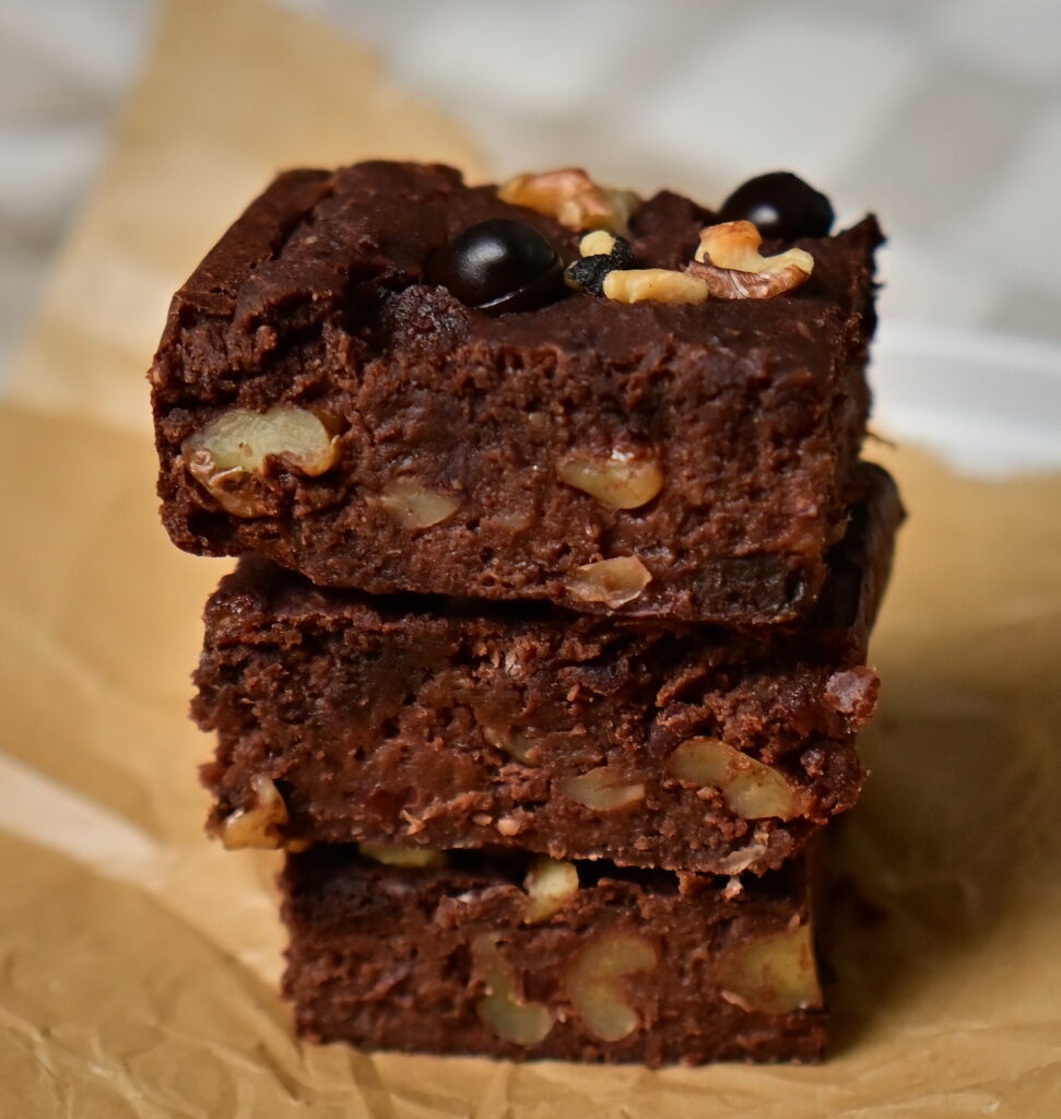 fudgy red bean brownies cubes tower on paper