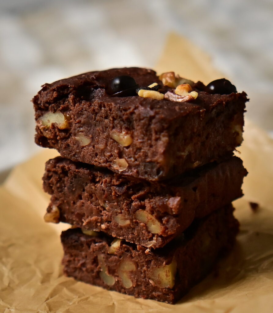fudgy red bean brownies cubes tower on paper