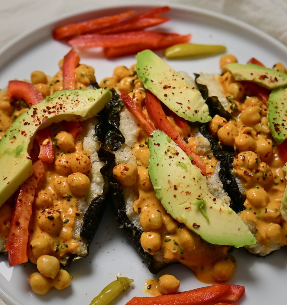 yoghurt Curry Chickpeas in sushi tacos with avocado and peppers