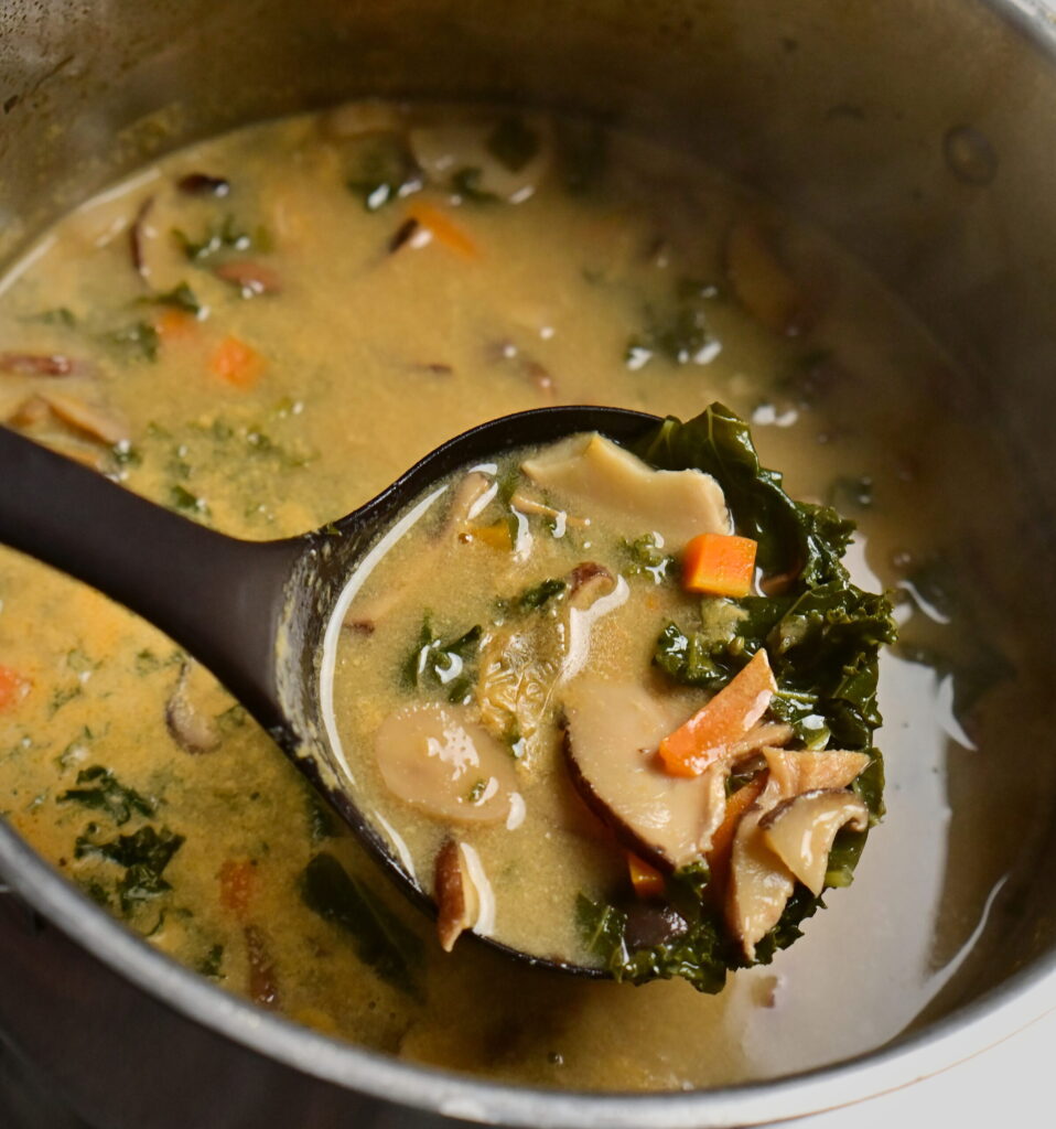 Ladle of mushroom soup with carrots and greens over a pot of soup.