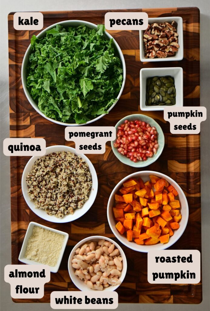 Ingredients for a kale and roasted pumpkin salad