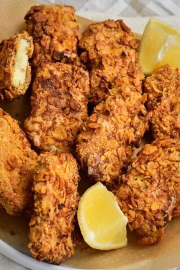 A bowl lined with parchment paper, filled with tofu nuggets and lemon wedges.