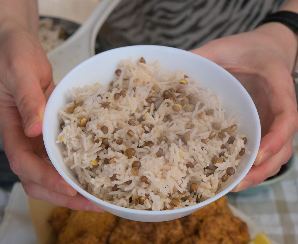 Mujaddara rice in a white bowl.