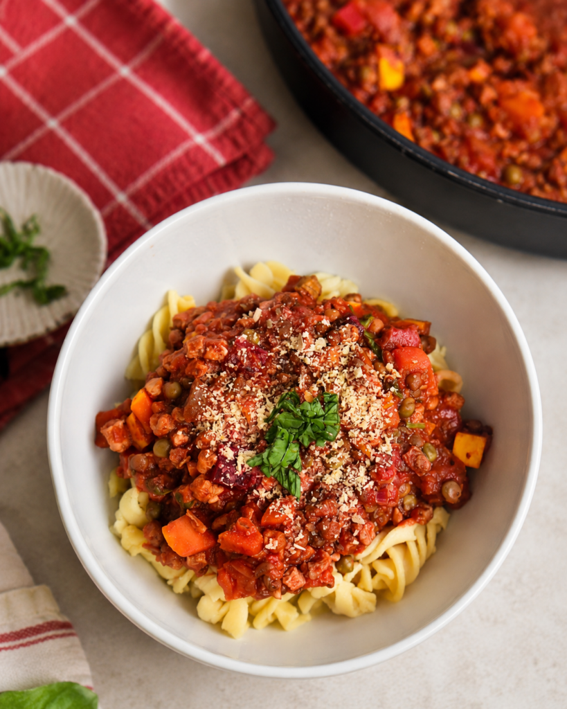 A bowl with Veggie-Packed Vegan Mince